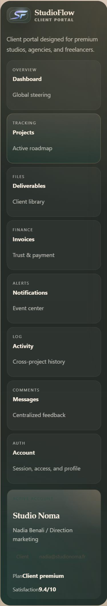 StudioFlow - options sidebar client